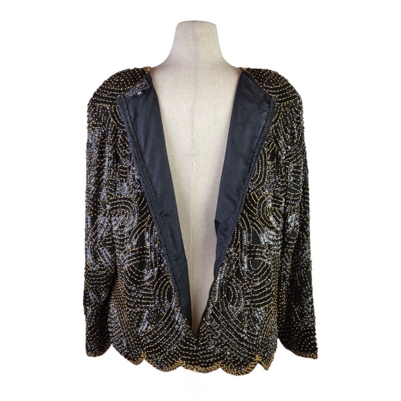 Vintage Royal Feelings Black Gold Beaded Silk Top 2X 80s Sequin Party - Picture 6 of 12